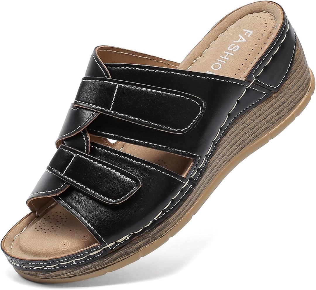 Womens Wedge Sandals Leather, Comfortable Slip On Slides Dressy, Orthopedic Sandals for Women, Open Toe Casua Arch Support Platform ladies Sandal Chunky Shoes, Size 38 
