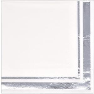 120 White and Silver Cocktail Napkins, 3 Ply Disposable Beverage Napkins with Silver Foil Border for Wedding Party Dinner Decor