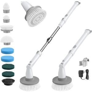 kHelfer Electric Spin Scrubber, Cordless Shower Scrubber with Long Handle, 8 Replacement Heads, 1.5H Bathroom Scrubber Dual Speed, Shower Cleaning Brush with Extension Arm for Bathtub Tile Floor (Snow White)