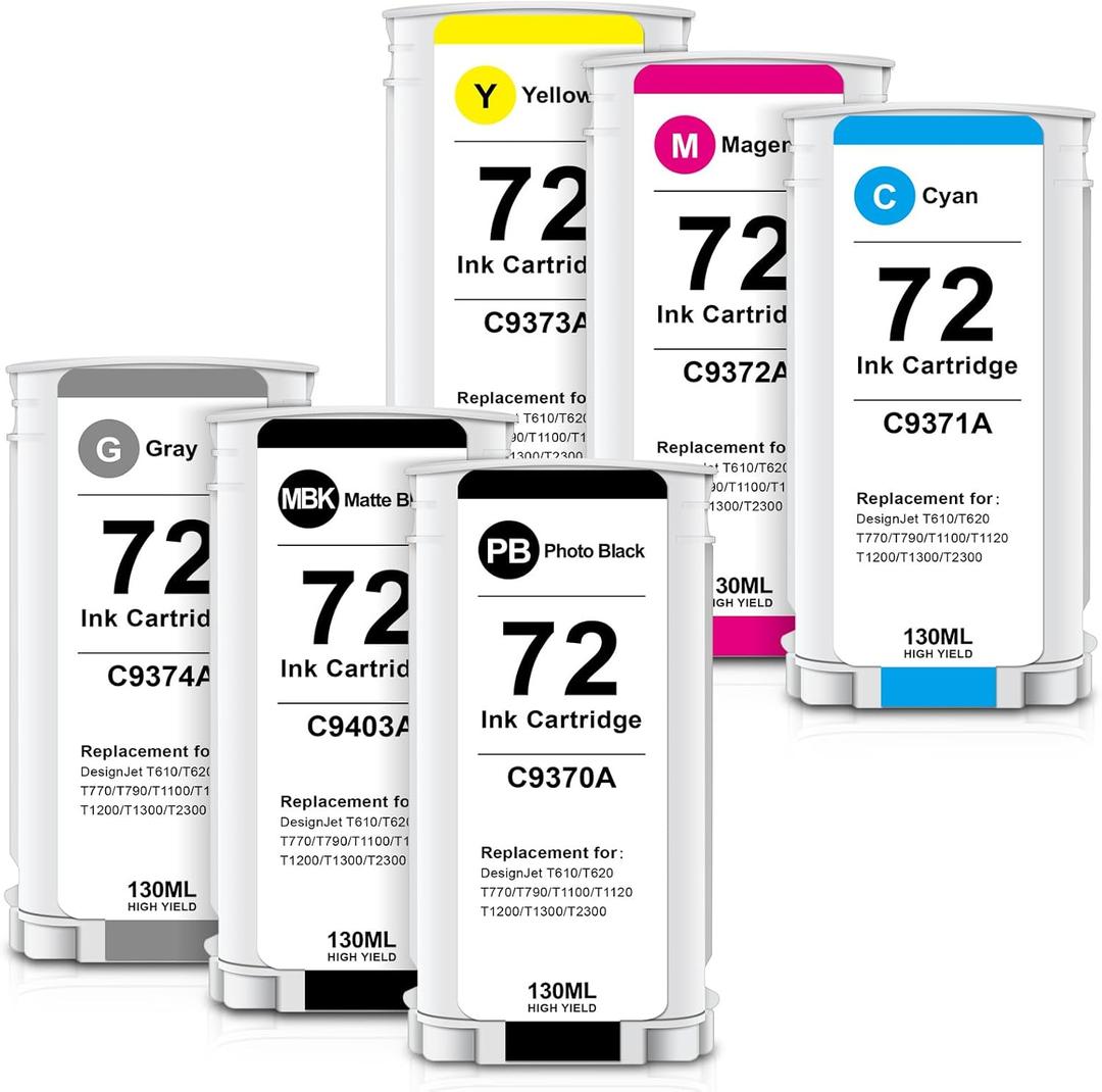 72 Ink Cartridge High Yield, 6-Pack, 130ML