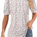 Riyiper Women's Short Sleeve Pleated Tops Crew Neck Puff Sleeve Spring Blouses Tunic Top Summer Dressy Casual T Shirt (White)