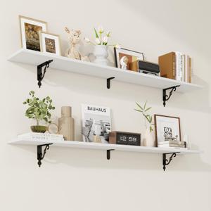 Floating Shelves for Wall Decor, 55.1W x 8D Wall Shelves Set of 2, 8 Inch Deep Rustic Wood Shelves Wall Mounted with Brackets, Long Floating Shelves for Living Room Bedroom Kitchen, White (55.1"W x 8"D)