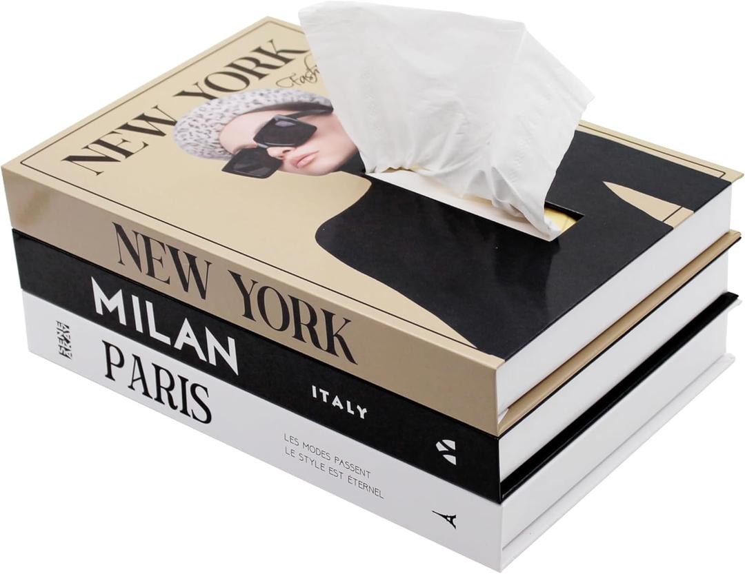 Senea Kay Rectangular Tissue Box Cover - Decorative Faux Book Tissue Box Cover, Rectangule Tissue Holder Dispenser Large Enough to Fit Rectangular Tissue Boxes Chic Modern Decor (Khaki Neutral)