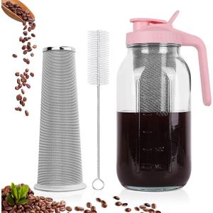 Cold Brew Coffee Maker64 oz Wide Mouth Mason Jar Pitcher with Stainless Steel Filter, Pour Spout Handle Lid, Heavy Duty Glass Airtight & Leak-Proof for Iced Coffee & Tea Lemonade-Pink