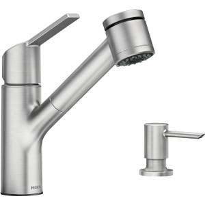 Moen Sombra Spot Resist Stainless Single-Handle Pull-Out Sprayer Kitchen Faucet with Soap Dispenser and Power Clean, 87701SRS