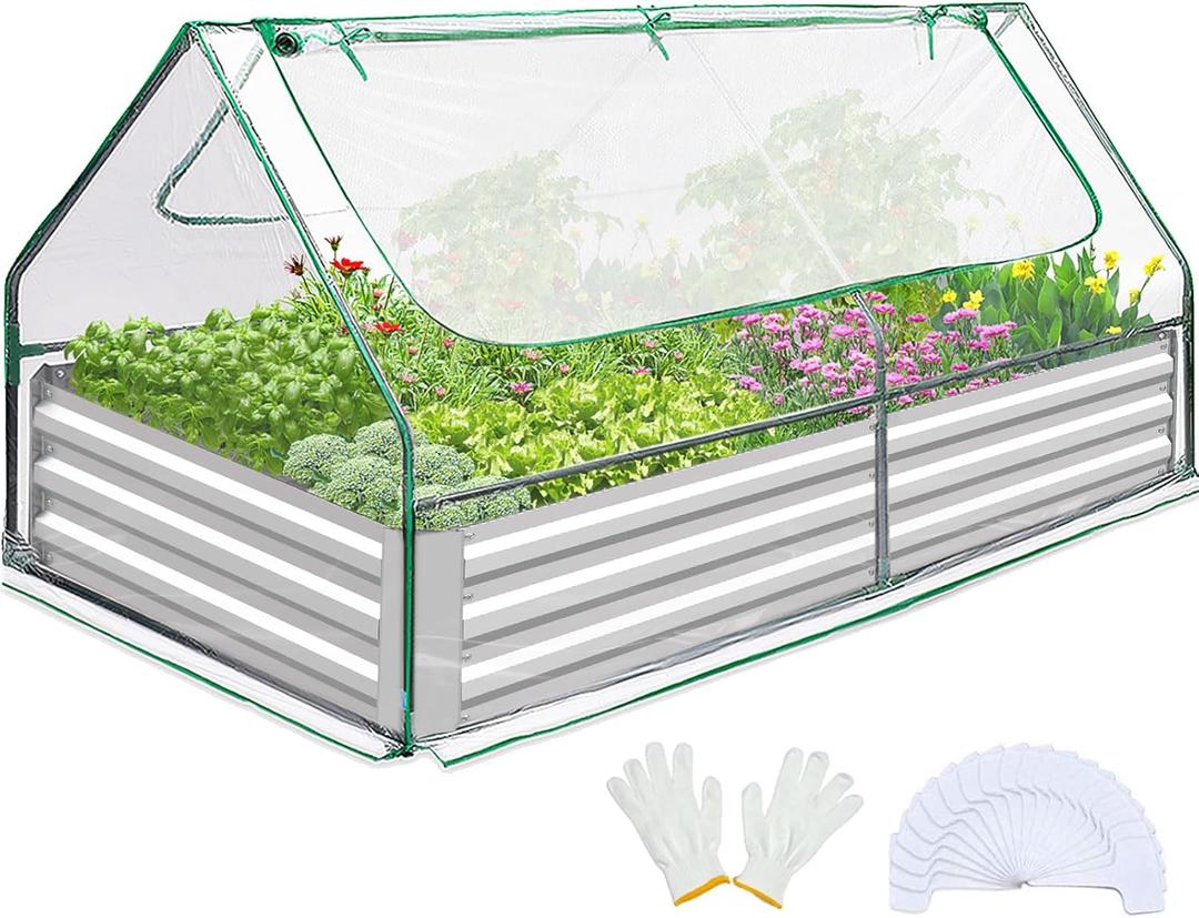 Quictent Raised Garden Bed with Cover Outdoor Galvanized Metal Planter Box Kit, w/ 2 Large Screen Windows Mini Greenhouse 20pcs T Tags 1 Pair of Gloves Included for Growing Vegetables (Clear) (6 x 3 x 1 ft)