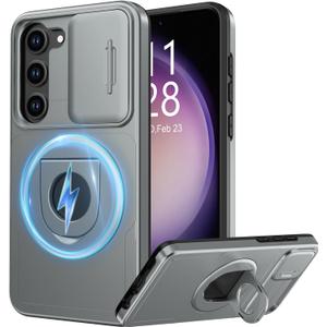 FUNMIKO for Samsung Galaxy S21 Case with Sliding Camera Lens Cover,Wireless Charging Compatible,Magnetic Kickstand,Shockproof Protective Phone Case for Men Women Girls,Grey