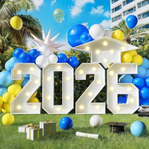 2026 Light Up Numbers Marquee 3FT for Graduation Decorations with Graduation Cap, White Big Mosaic Number with Lights 2026 Cardboard Pre-Cut Frame for Class of 2026 High School College Grad Party