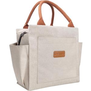 Joymee Lunch Bag Women Insulated Lunch Box Reusable Leakproof Large Spacious Cooler Tote for Women Men Adult with Bottle Holder and Side Pockets for Work Office Travel Picnic - Beige