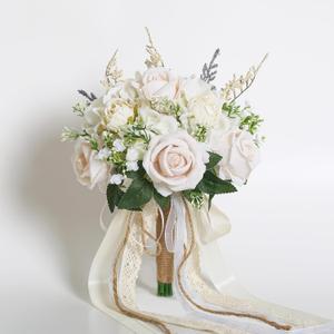 Wedding Bouquets for Bride Bridesmaid, White Champagne Artificial Roses Flowers with Ribbon Bow for Wedding Prom Church Decoration, Ceremony, Anniversary (8in)