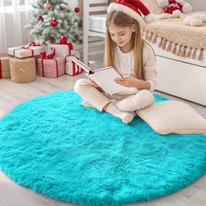 OLANLY Teal Blue Round Rugs for Bedroom - Machine Washable, 4 ft Circle Area Rugs for Living Room, Soft and Fluffy Shaggy Carpet for Teen Girl and Boys, Nursery Rooms, Dorms, Home Decor Aesthetic