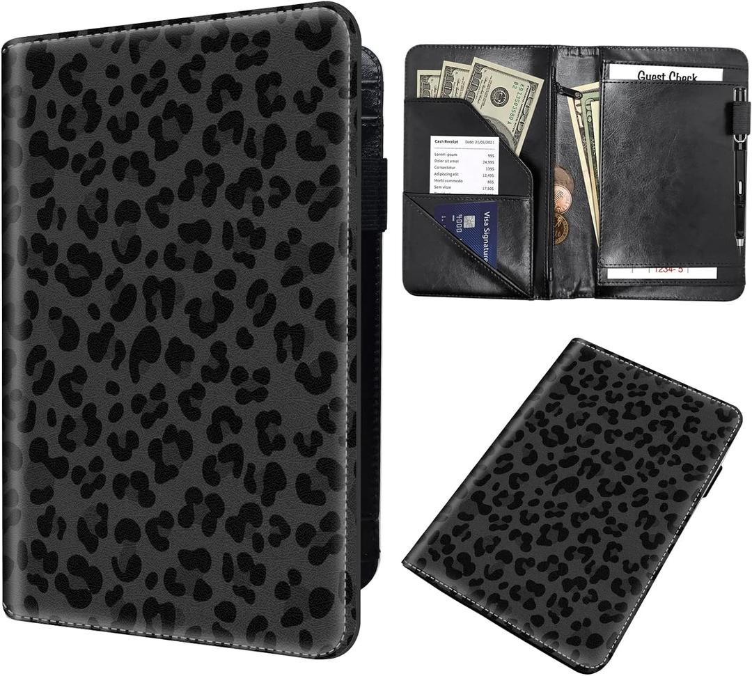 Server Books for Waitress,Waiter Book Server Organizer with Zipper Pocket,PU Leather Waitress & Waitstaff Book Wallet with Card Slot Guest Check Holder-Black Leopard Print