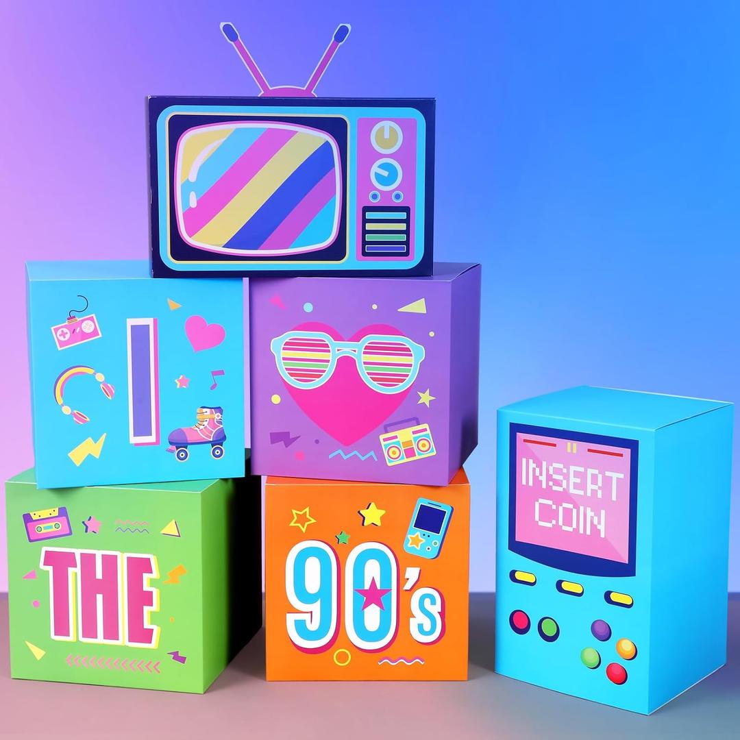 Amyhill 6 Pcs Large 90s Party Decorations Hip Hop Favor Set Paper Party Boxes Novelty Disco Theme Decoration for Retro 1980s 1990s Theme Birthday Neon Disco Music Supplies