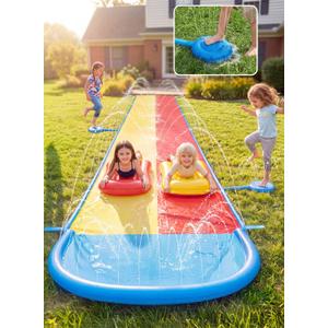 Sloosh 22.5FT Lawn Water Slide with Water Stomp, Slip Waterslide with 2 Bodyboards Summer Toy with Build in Sprinkler for Backyard Outdoor Fun for Kids