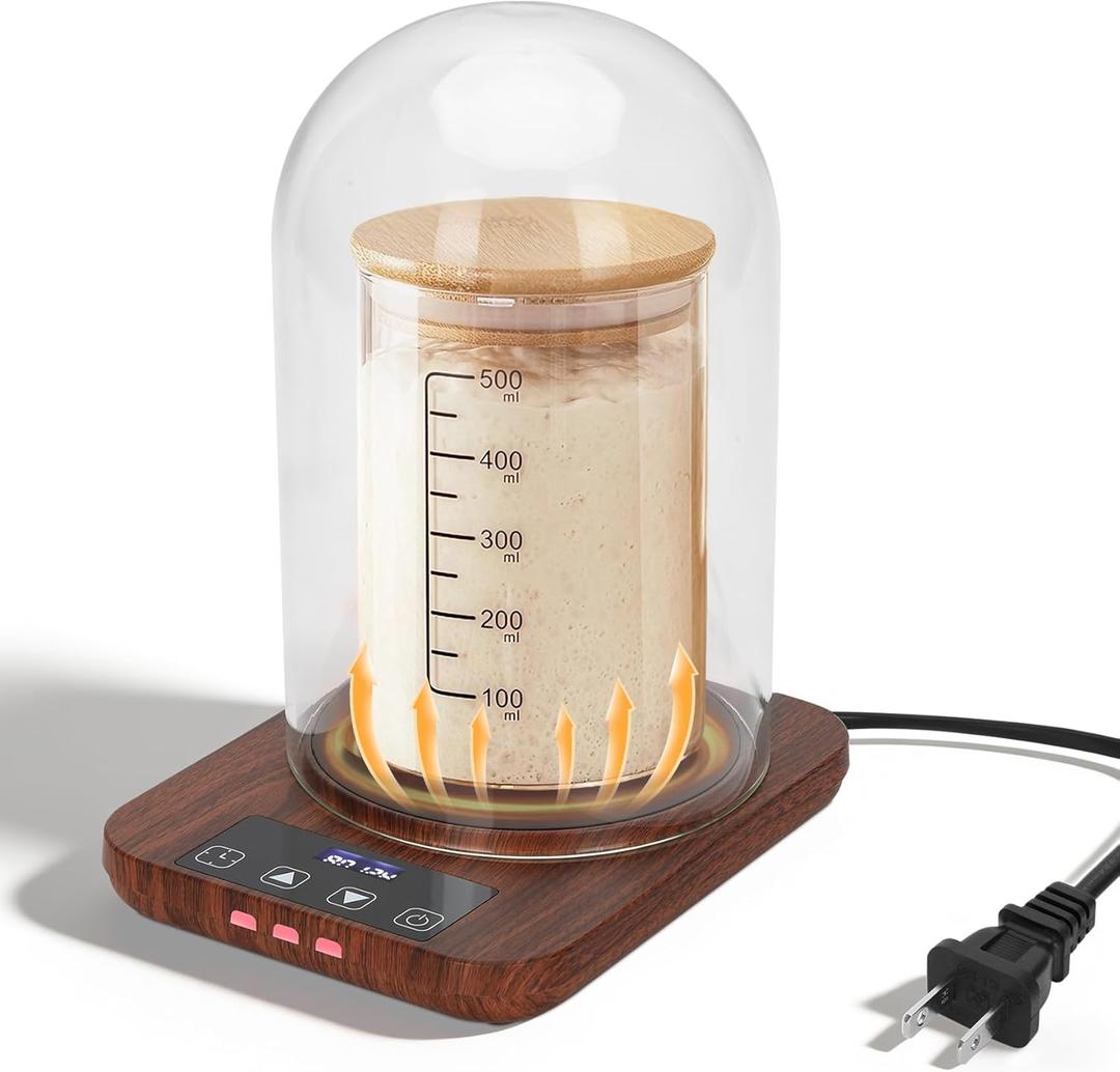 Sourdough Starter Warmer with Glass Dome, Precise 1F Thermostat Control (70-100F), Sourdough Warmer and Dome for Home Baking,24H Timer Auto Warming On/Off Sourdough Warming Mat Wood Grain