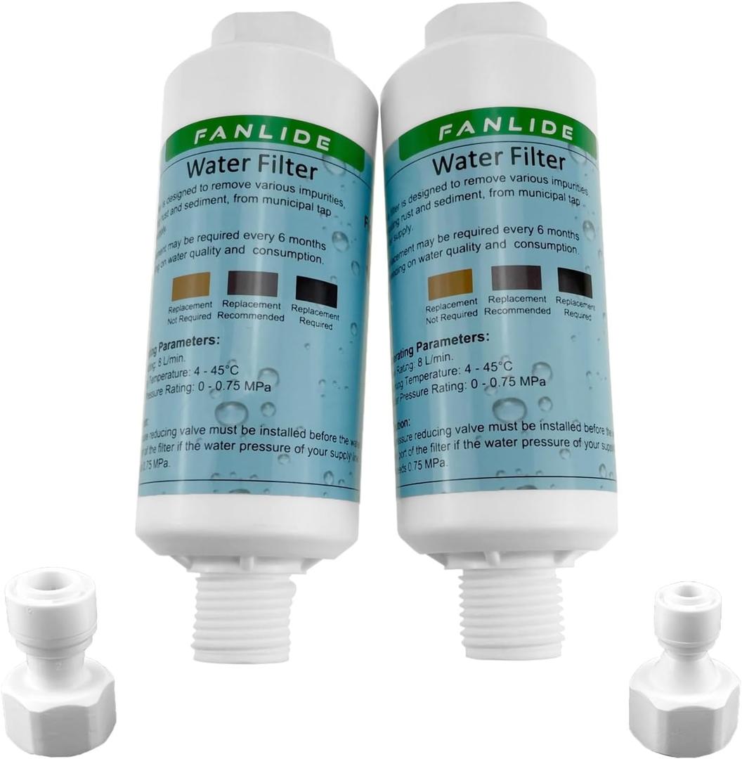 FANLIDE Bidet water filter for electronic bidet seats, Toilet water filter system, compatible with 1/2" 1/4" 3/8" Bidet hose (2 Filters + 2 Adapter)