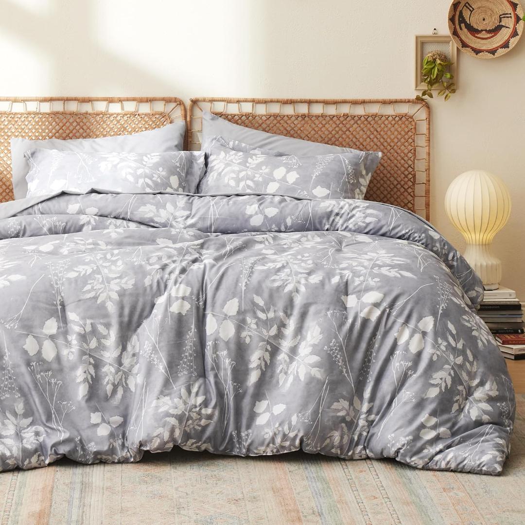 Bedsure Twin Comforter Set - 5 Pieces Floral Grey Soft Bedding Sets, Twin Bed in a Bag with Botanical Flowers Comforter, Sheets, Pillowcase & Sham