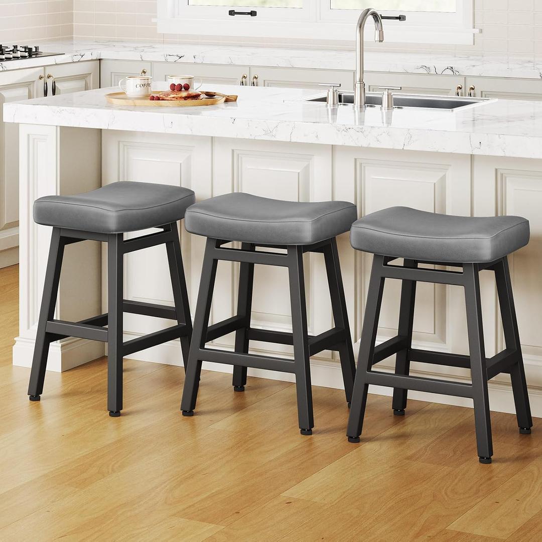Raynesys 24 Inche Bonded Leather Counter Height Bar Stools Set of 3 Curved, 3 Pack-24"