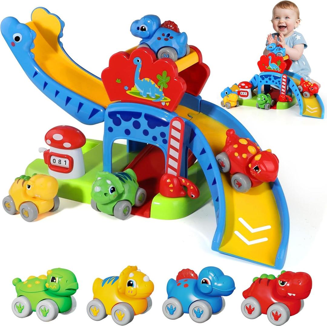 Baby Toys for 1 Year Old Boys & Girls Gift  Dino Slide Set with 4 Color & Number Push Cars  Dinosaur Toy for Toddlers, Montessori Learning Toys for 12-18 Months  1st Birthday Gifts for Kids