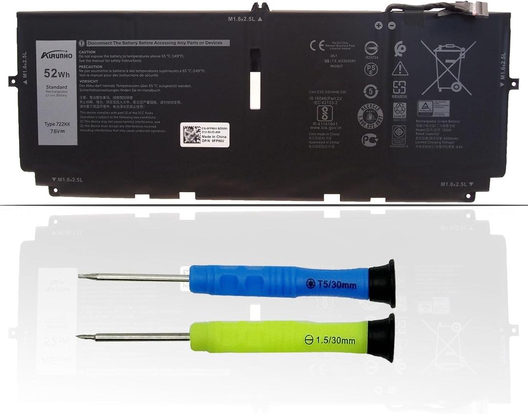 722KK 52Wh Laptop Battery Replacement for Dell XPS 13 9300 (2020), XPS 13 9310 (2020), XPS 13 9380 (2020) P117G P117G002 P117G001 Series 0WN0N0 WN0N0 02XXFW 2XXFW FP86V 7.6V