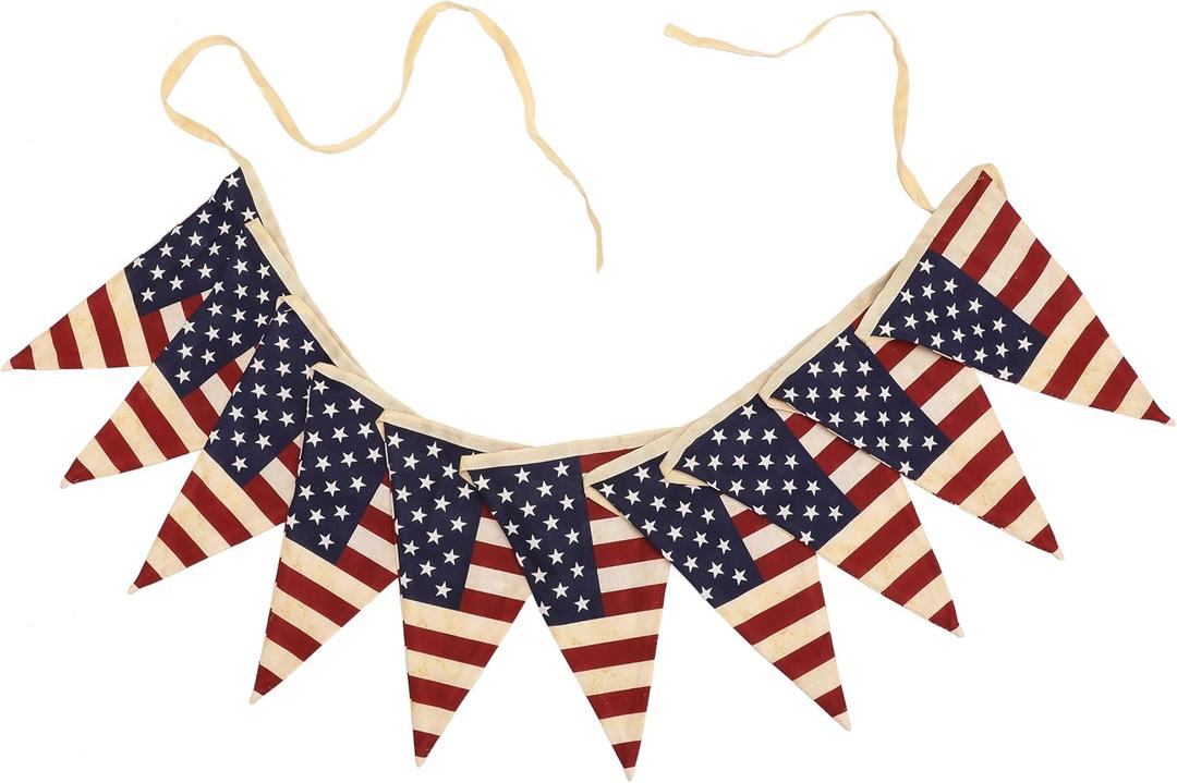 Vintage American Flag Bunting Banner, 5 Meter Cotton Garland with 10 Double-Sided USA Pennant Flags, Patriotic Hanging Decoration for 4th of July, Memorial Day, Independence Day