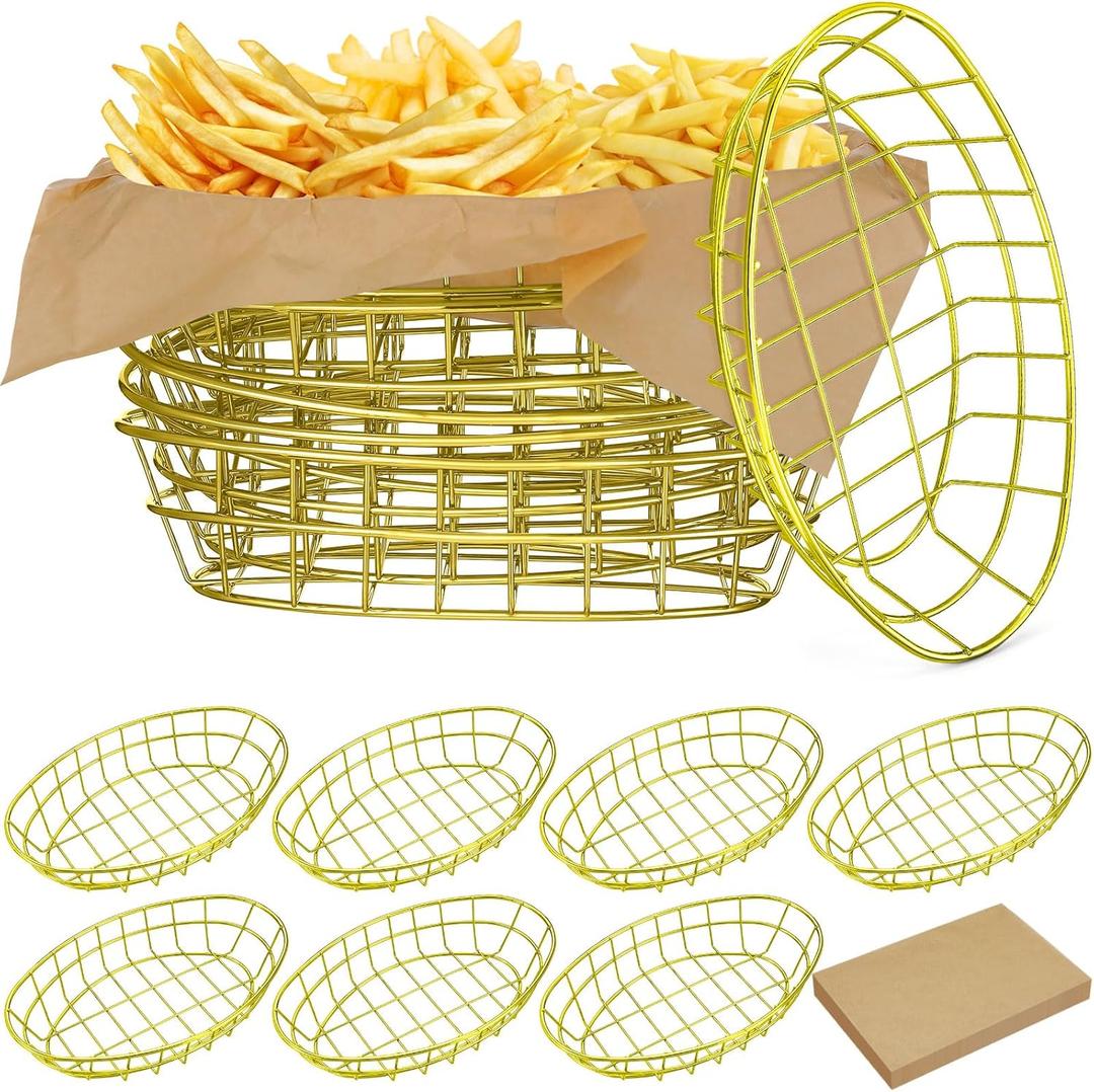 Hushee 12 Pcs Wire Bread Basket 9.5 x 6.2 x 2.2 Inch Oval Metal Dinner Roll Baskets for Serving Fruit Bowl Storage with 50 Sheets Deli Wrappers Paper for Kitchen Table Fast Food(Gold,9.5 x 6.2 x 2.2) (Gold)