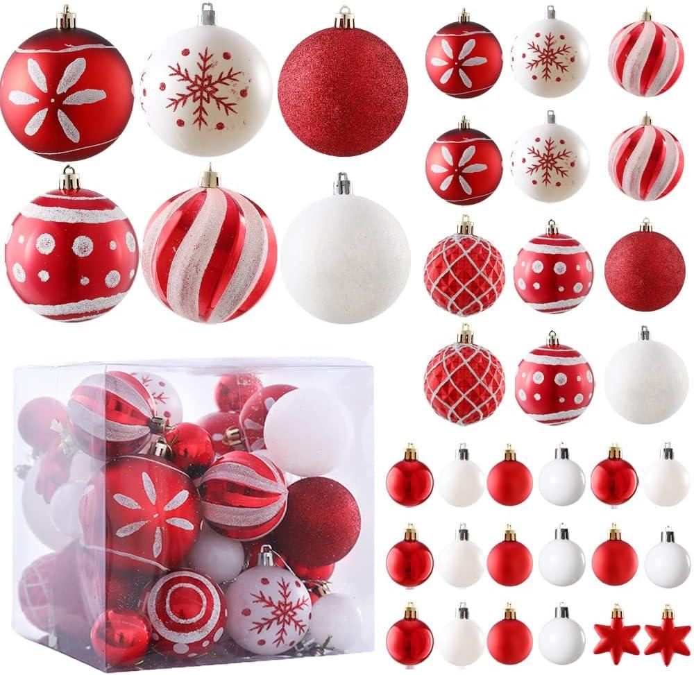 36ct Christmas Ball Ornaments Sets, Red & White Shatterproof Balls for Christmas Tree Decorations Assorted Shapes and Sizes Hanging Ball for Holiday Festival and Party Decoration (Red White)