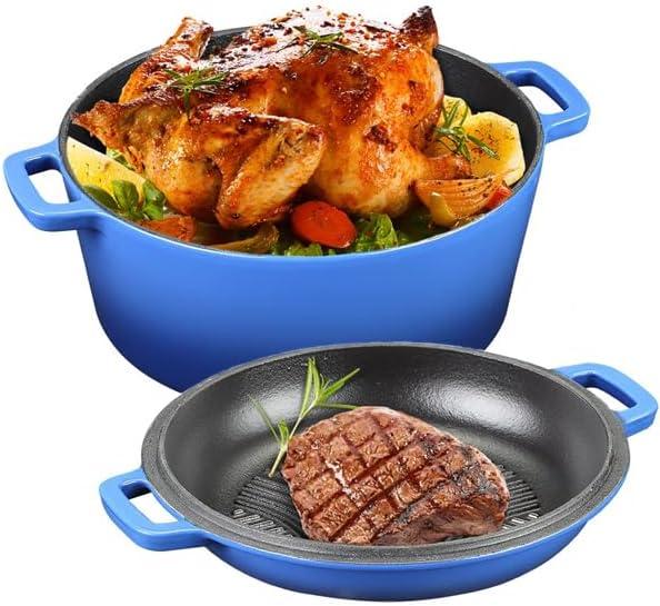 Horno holands de hierro fundido esmaltado de 5.5 cuartos de galn, olla holandesa esmaltada 2 en 1 con tapa de sartn para parrilla, estufa, induccin (azul degradado)