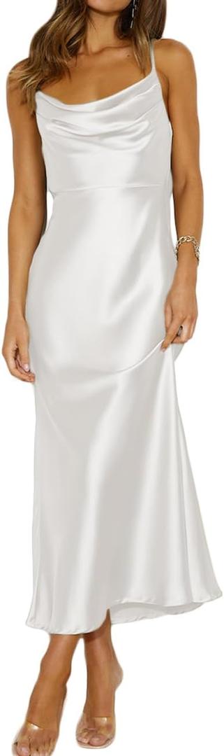 Summer Satin Spaghetti Strap Cowl Neck Backless Midi Dresses for Women Elegant Tie Low Back Ruched Cocktail Dress (Small, White)