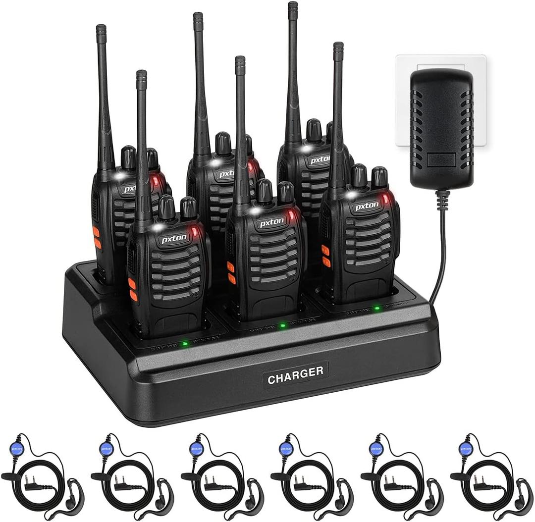 pxton walkie talkies for Adults Long Range with Upgraded Earpiece,radios walkie talkies Rechargeable Portable Two Way Radios with 6 Way Multi Gang Charger and Li-ion Battery (6 Pack)