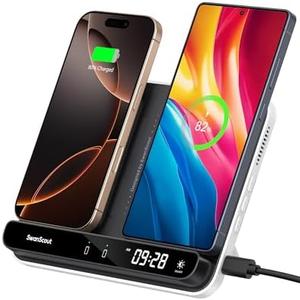 Dual Wireless Charger Stand, SwanScout 504, Foldable Wireless Charging Station Pad for iPhone 16/15/14 Series, Samsung Galaxy S25/S24/S23, Google Pixel 9/8/7, Android Phones, AirPods/Galaxy Buds