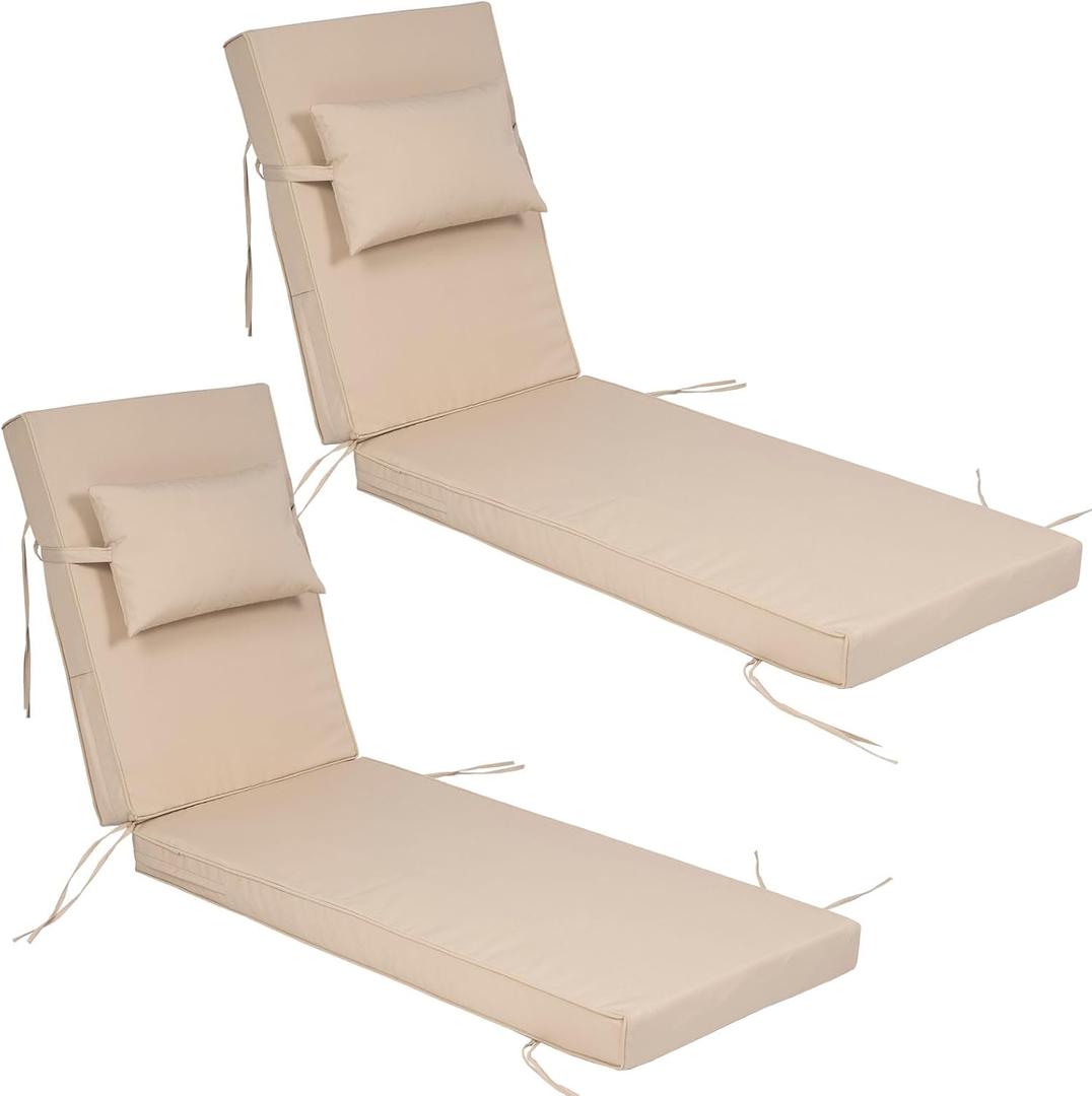 2 Piece Chaise Lounge Cushions Outdoor with PP Cotton Pillow, Waterproof Chair Cushions for Outdoor Furniture, Suitable for Patio Poolside,Garden,Beach,Pool (2pc-Khaki, 72 * 21 * 3 inch)
