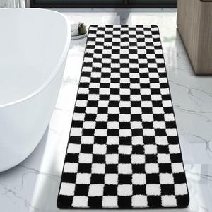 Uphome Bathroom Rug Runner, Black and White Checkered Large Machine Washable Bath Mat Non Slip, 24x71 Water Absorbent Soft Microfiber Bath Rug for Tub, Shower, Floor