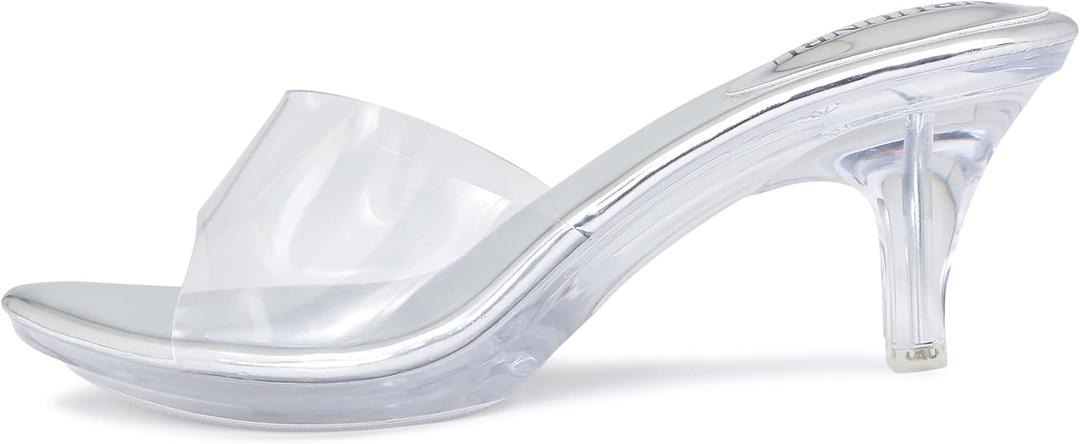 NBUUNBU Clear Heels for Women Silver Black Heels Little Platform Sexy High Heels Sandals Stiletto Kitten Open Toe Dress Shoes Comfortable Double Transparent Strap Heeled Sandals Mule (35, 1silver-2.75in)
