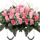 Artificial Cemetery Flower Headstone Flower Saddle Grave Rose Flowers for Cemetery Non-Bleed Colors Windpoof (Pink)