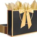 QIELSER 12 pcs Black Gift Bags with Handles 12.6x4.5x10 Inches Large Paper Bags with Bow Ribbon and Tissue Paper Gift Wrap Bags for Birthday Bridesmaid Party Wedding Baby Shower Valentines, Black-Gold