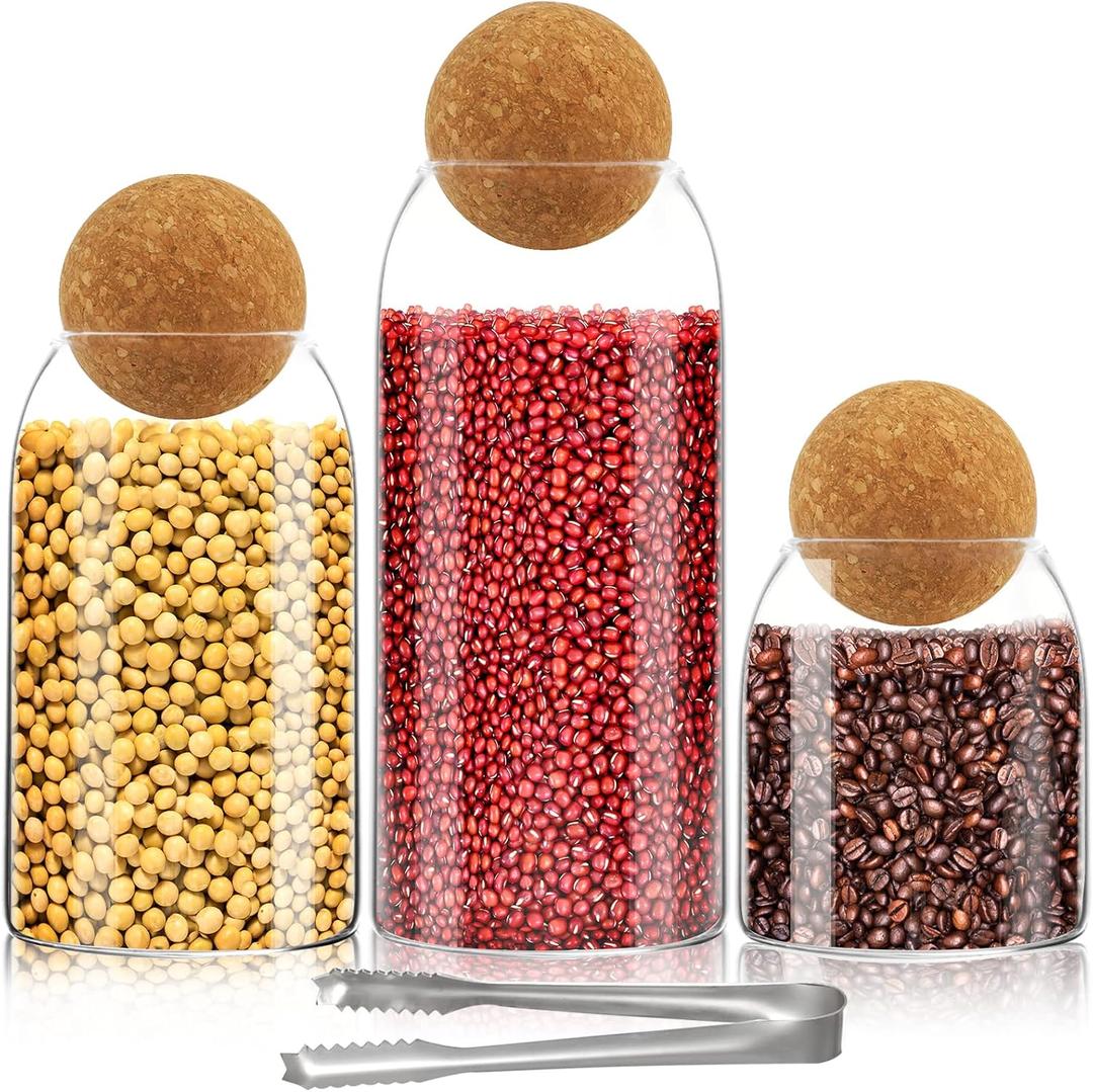 3Pcs Glass Jar with Round Ball Cork,Coffee Bean Jar Glass Cork Clear Glass Bottles with Cork Glass Canisters for Food, Coffee, Sugar, Spice, Tea,DIY (500ml / 700ml / 1000ml)