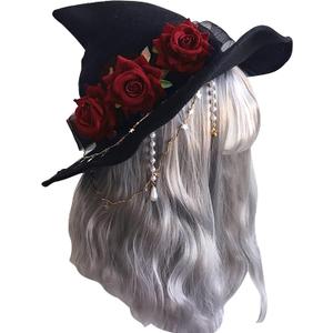 Halloween Witch Hat Head Ornament Headwear with Rose Big Bow Decoration Hat Cosplay Party Props (Colorc)