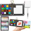 Mini Watercolor Paint Set, 24 Colors Portable Pocket Watercolour Travel Kit with 15 Grid Wood Paint Palette, Sketchbook, Metal Clip, Water Brush for Painters Artists Students