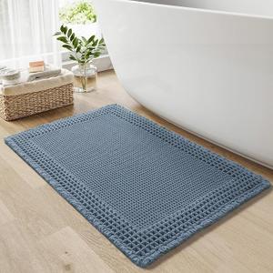 RESARE Waffle Bath Rug for Bath, Super Absorbent Non Slip Machine Washable, Ultra Soft Boho Rug with Tassels, Upgraded Design, 18"x30" Blue