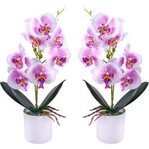 XONOR Artificial Orchid Flowers, 2 Pieces Potted Orchid Flowers with Plastic Vase for Table Centerpiece Home Decor Office Wedding Party Decoration (Purple)