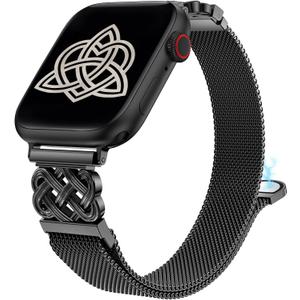 BEEXI Stainless Steel Magnetic Loop Compatible with Apple Watch Band 42/ 41/ 40/ 38mm Women Metal Mesh Celtic Knot Dressy Strap for iWatch SE Series 10/ 9/ 8/ 7/ 6/ 5/ 4/ 3/ 2/ 1/ Ultra(1/ 2) Black