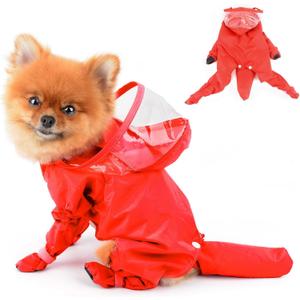 Small Dog Full Body Coverage Raincoat Solid Four-Leg Onesie Rain Jacket Waterproof Hoodie Puppy Clothes Button Lightweight Cats Costume, Red, M (M: Chest: 15.7", Back: 12.6")