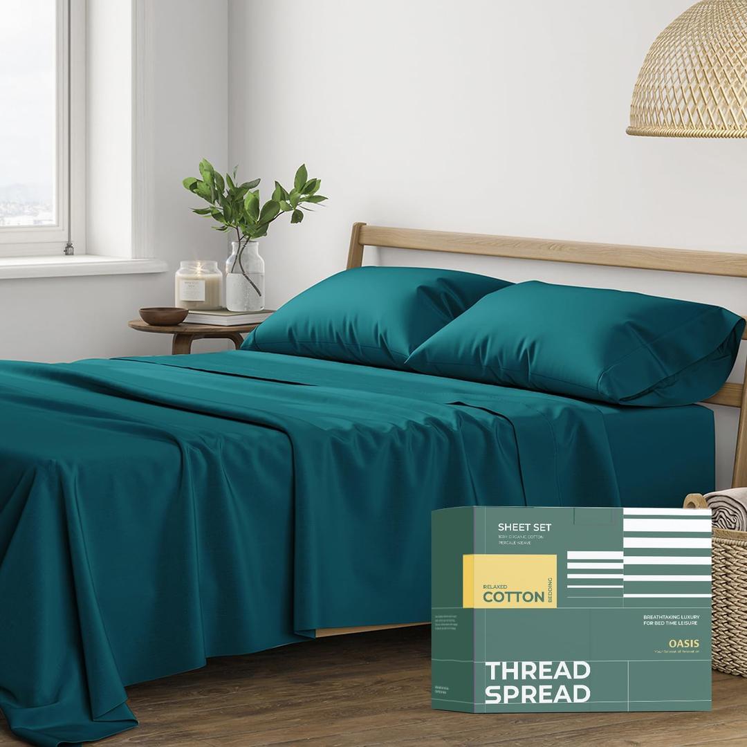 THREAD SPREAD 100% Organic Cotton Sheets Queen Size - 4 PC Organic Cotton Queen Size Percale Weave Sheet Set, Soft, Cooling, Crisp & Breathable, 16" Deep Pocket Hotel Quality Bedding Set - Teal