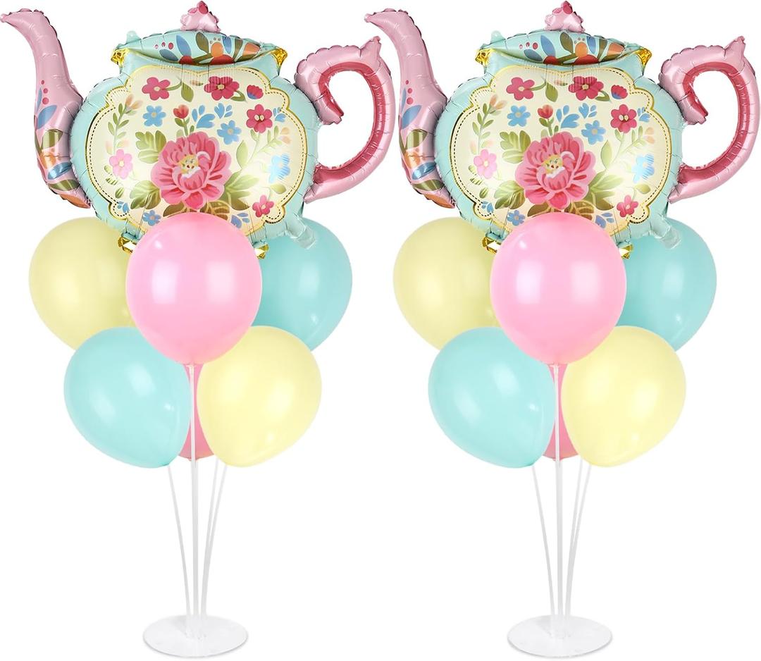 Tea Party Balloons Stand Kit 2 Sets with 2 Huge Teapot Foil Balloons Tea Garden Themed Balloon Centerpiece for Tables for Picnic Birthday Party Supplies Baby Shower Teapots Themed Decorations