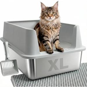 Stainless Steel Litter Box, XL Metal Cat Litter Box with Lid, Extra Large Cat Litter Boxes for Big Cats with High Sides, Leak Proof, Easy to Clean, No Stick, Odor Control, Include Scoop and Mat (XL(23" x 14.6" x 10"))