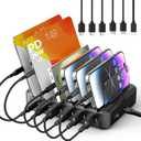 Charging Station for Multiple Devices, 6 Ports Multi Devices USB Charger Fast Cell Phone Charging Station for iPhone iPad Tablet (Black, 6 Mixed Cables Included)