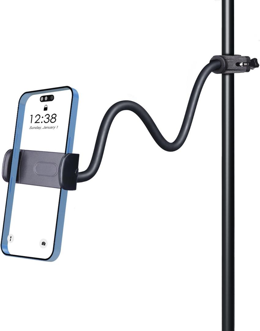LMS Mic Stand Phone Holder, Flexible Phone Holder for Microphone Stand, iPhone Music Stand Holder Mount, Mic Stand Cell Phone Clip for iPhone 15 14 13 12 Pro Max Samsung Galaxy Pixel (Long, 16)