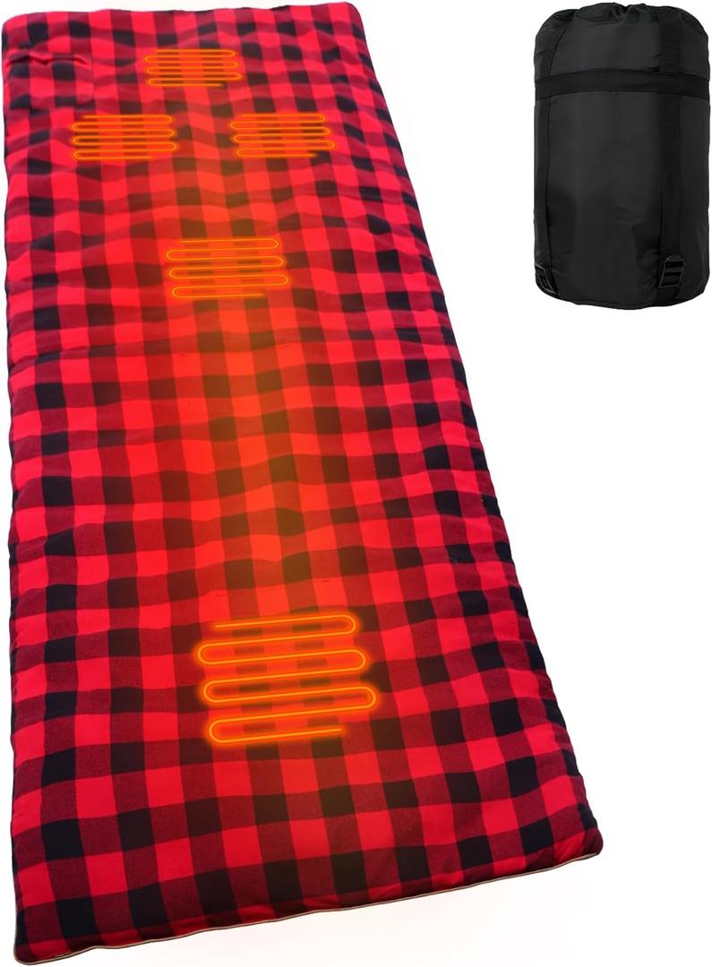 REDCAMP Heated Sleeping Bag Pad, Heated Sleeping Bag Liner, 5 Heating Zones, 3 Adjustable Heat Settings USB Heating Pad for Cold Weather Camping Backpacking or Hiking, Green/Red
