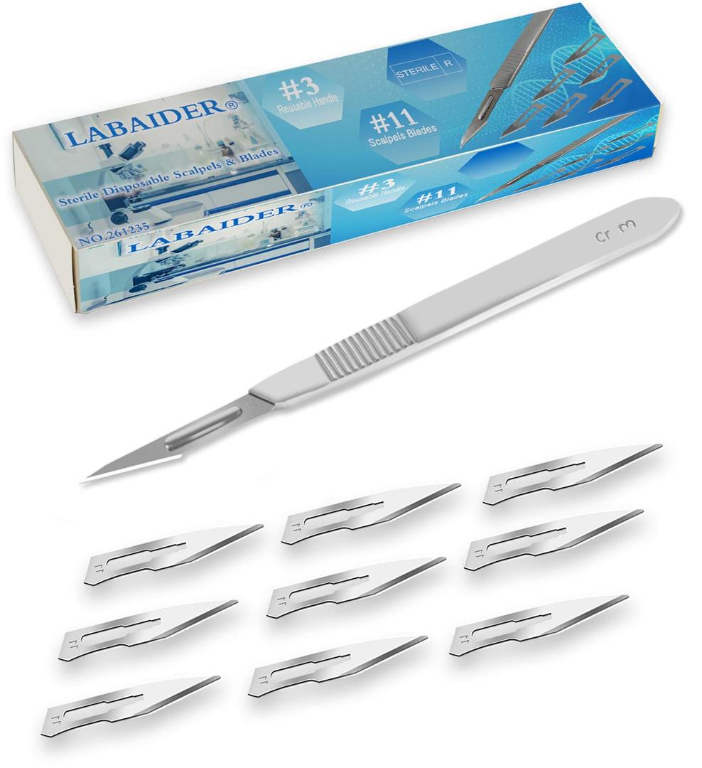LabAider Surgical Grade Blades #11 10pcs Sterile with #3 Scalpel Knife Handle for Biology Lab Anatomy, Practicing Cutting, Medical Student, Sculpting, Repairing